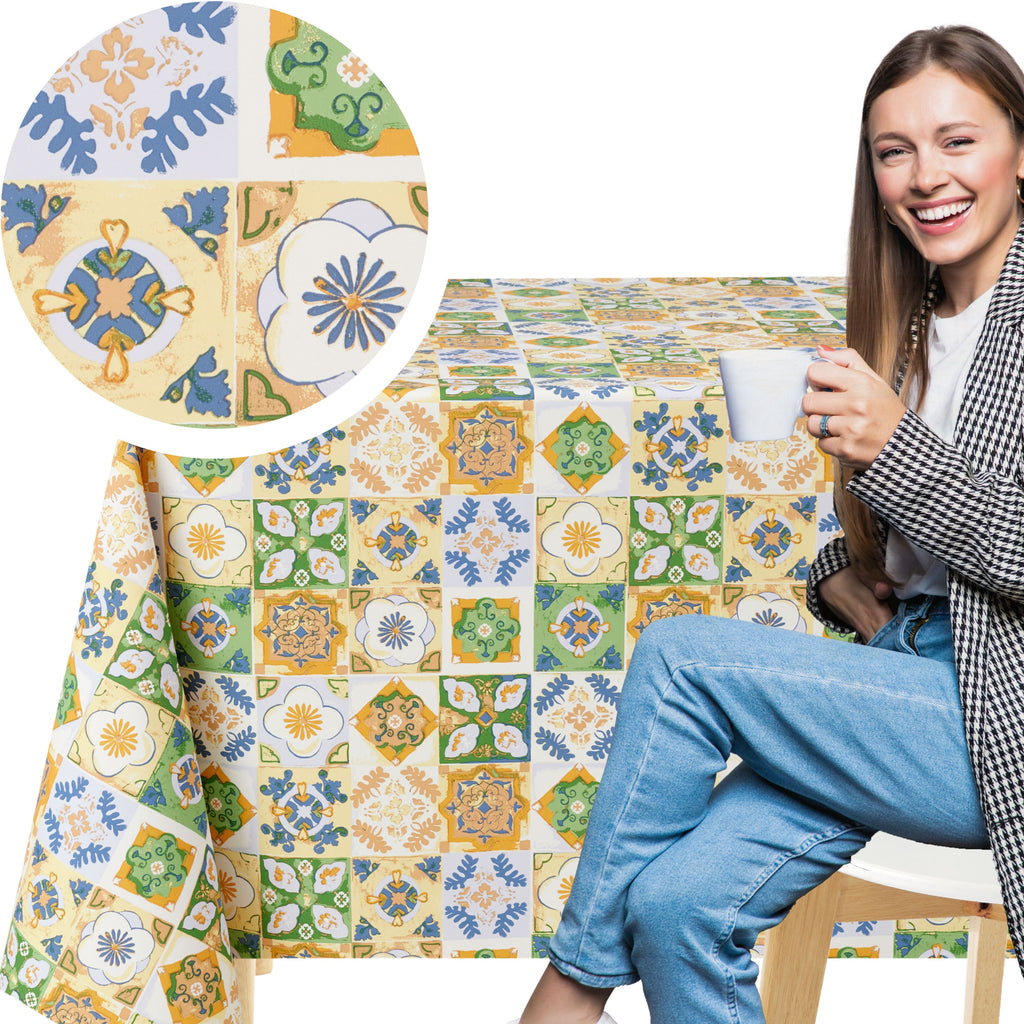 KP HOME Colorful Mediterranean Vintage Tile Pattern Wipe Clean Tablecloth - Premium Plastic Table Cover with Soft Feel, Waterproof