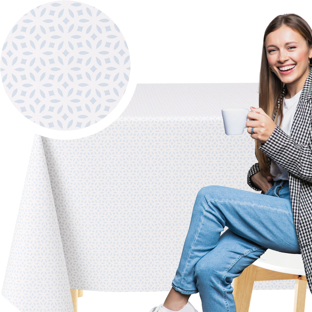 KP HOME White PVC Table Cloth Wipe Clean With Geometric Grey Blue Floral Lattice Design, Modern Soft Touch Waterproof Vinyl Table Cover