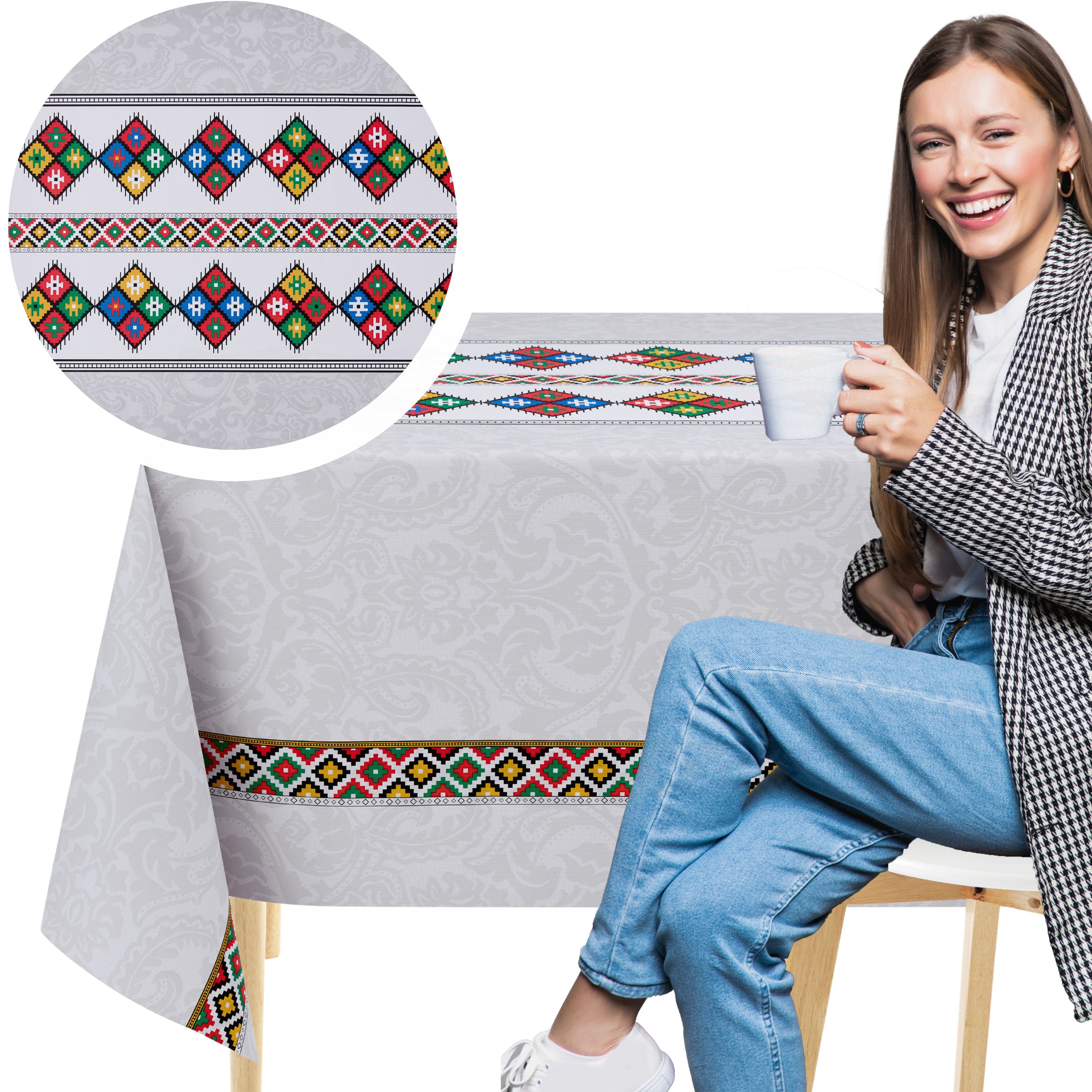 KP Home Grey Folk Art Elegance Pattern  PVC Tablecloth – 200x137cm & 137x137cm Wipe Clean Waterproof Oilcloth for Indoor & Outdoor Use