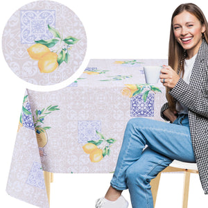 KP Home Beige Lemon Orchard Bliss Pattern  PVC Tablecloth – 200x137cm & 137x137cm Wipe Clean Waterproof Oilcloth for Indoor & Outdoor Use