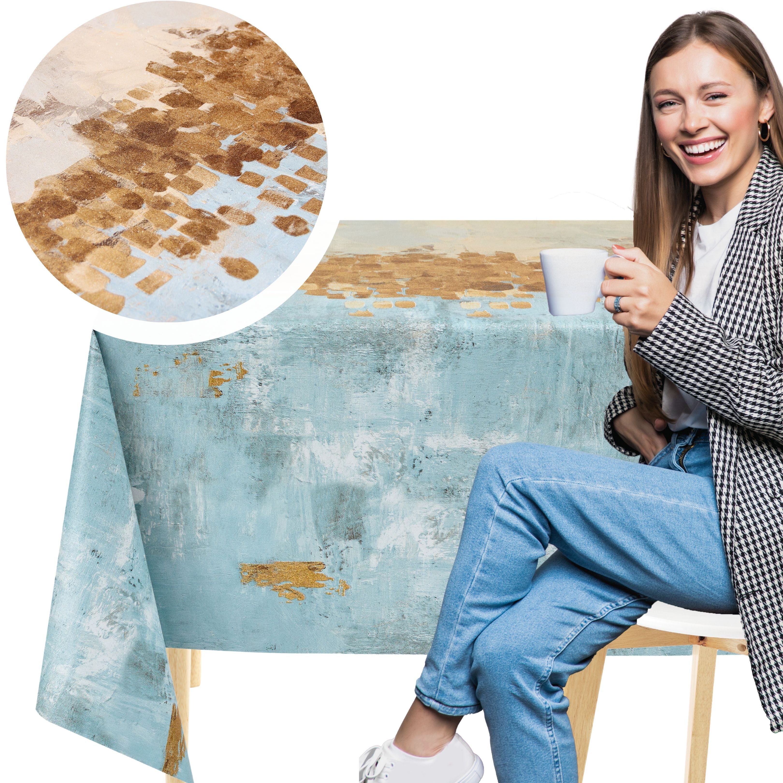 KP Home Horizon Glow Charm with Gold Shimmer PVC Tablecloth – 200x137cm & 137x137cm Wipe Clean Waterproof Oilcloth for Indoor & Outdoor Use