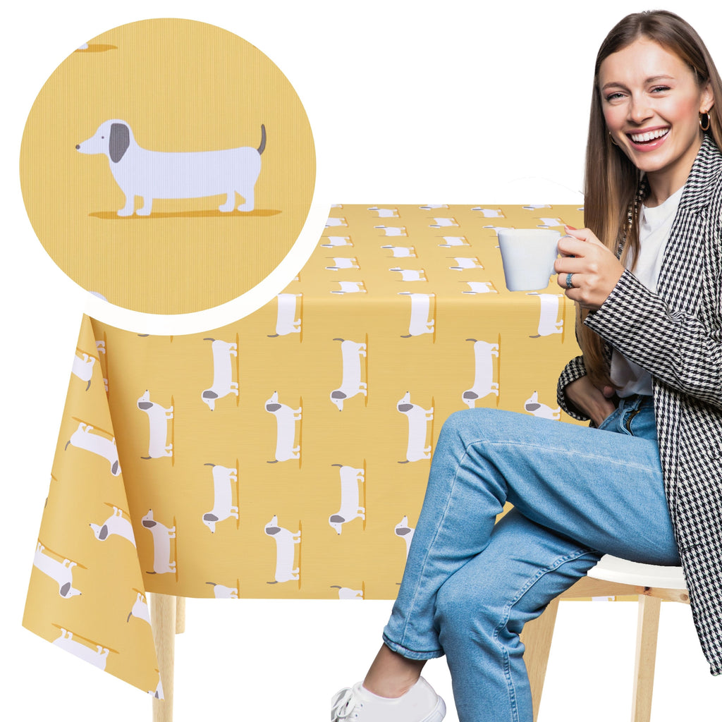 KP Home Yellow Sunny Sausage Dog Delight  PVC Tablecloth – 200x137cm & 137x137cm Wipe Clean Waterproof Oilcloth for Indoor & Outdoor Use