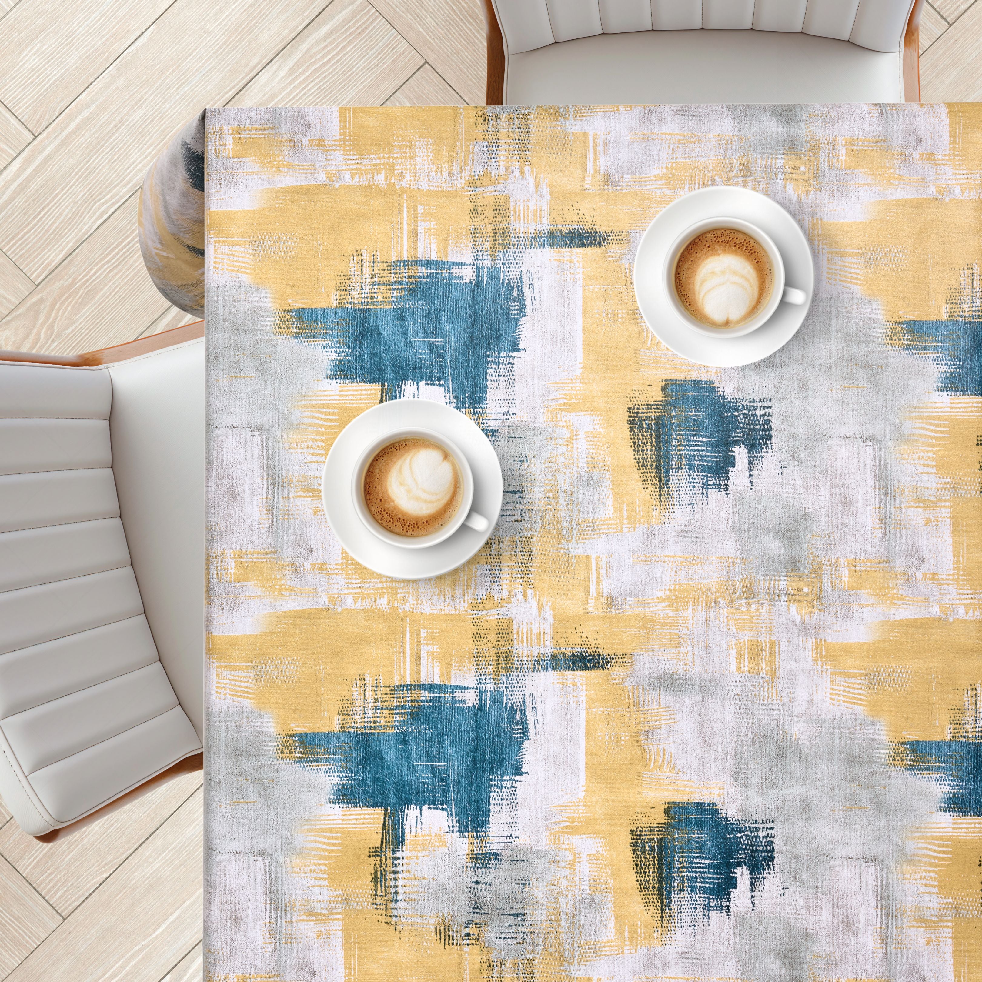 KP Home Yellow Abstract Brushstroke Charm Pattern  PVC Tablecloth – 200x137cm & 137x137cm Wipe Clean Waterproof Oilcloth for Indoor & Outdoor Use