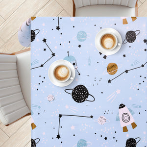 KP Home Blue Rocket Galaxy Adventure Pattern  PVC Tablecloth – 200x137cm & 137x137cm Wipe Clean Waterproof Oilcloth for Indoor & Outdoor Use
