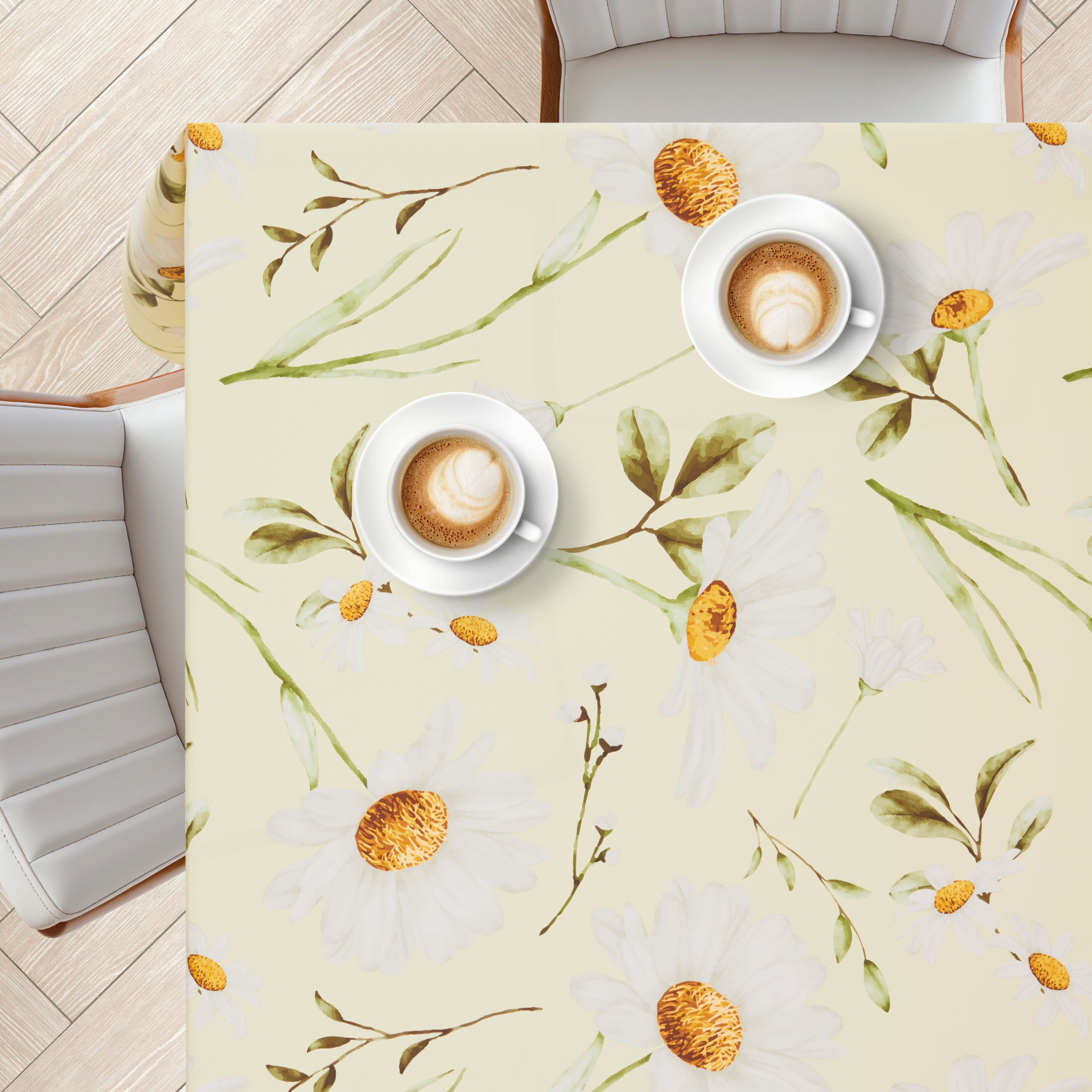 KP HOME Pastel Green PVC Wipe Clean Table Cloth with Countryside White Daisy Floral Print - Waterproof Premium Soft Touch Tablecloth