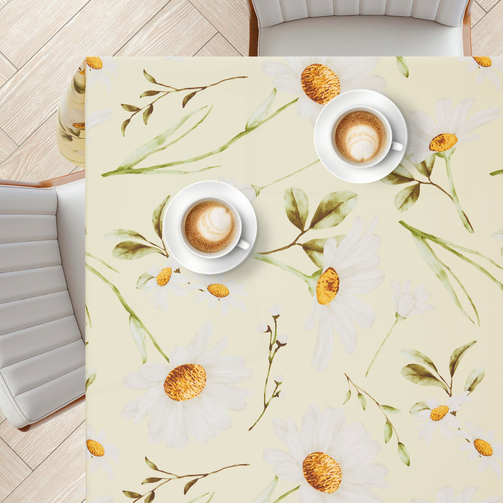 KP HOME Pastel Green PVC Wipe Clean Table Cloth with Countryside White Daisy Floral Print - Waterproof Premium Soft Touch Tablecloth