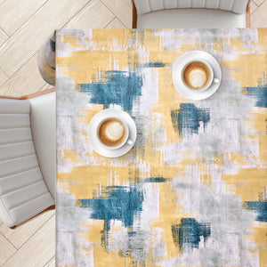 KP Home Yellow Abstract Brushstroke Charm Pattern  PVC Tablecloth – 200x137cm & 137x137cm Wipe Clean Waterproof Oilcloth for Indoor & Outdoor Use