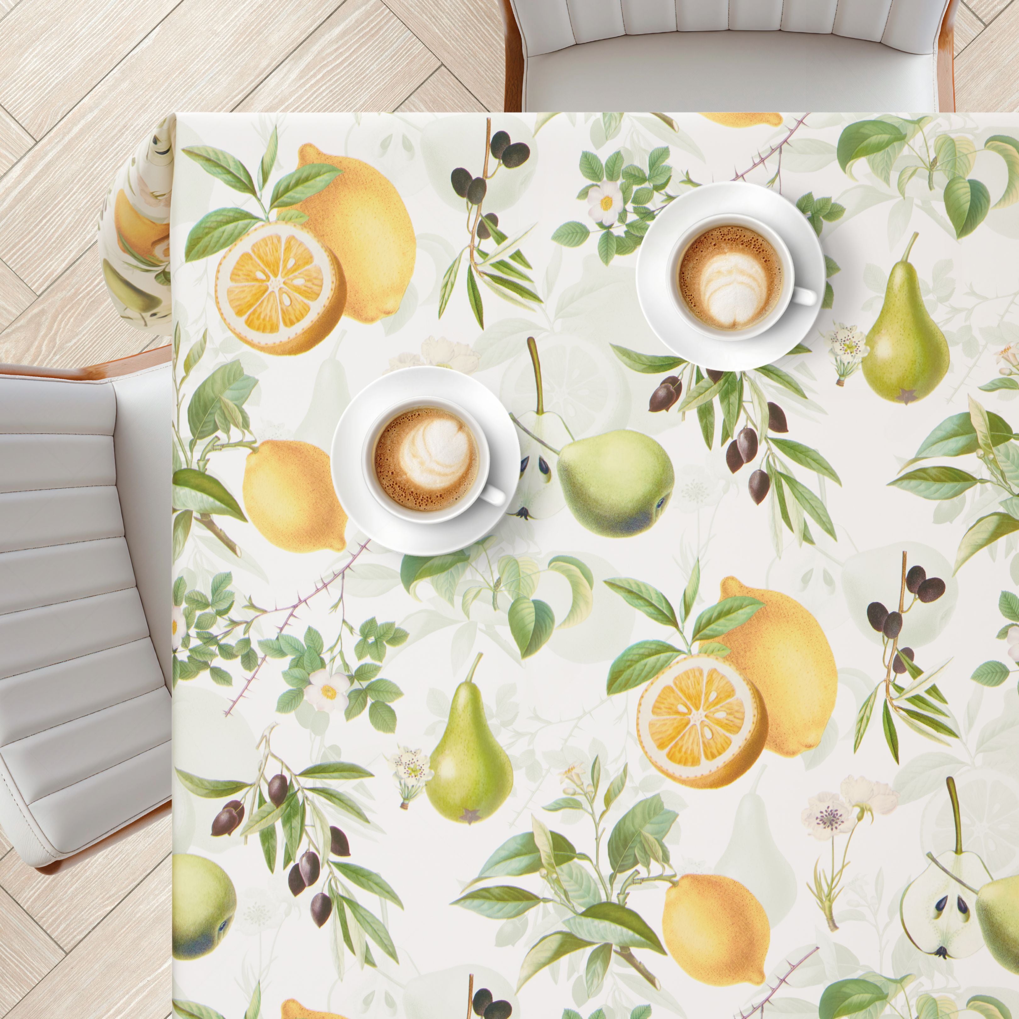 KP HOME Vintage Green PVC Table Cloth Wipe Clean Plastic Table Cover with Botanical Fruits Lemons Pears & Olives, Waterproof Soft Vinyl