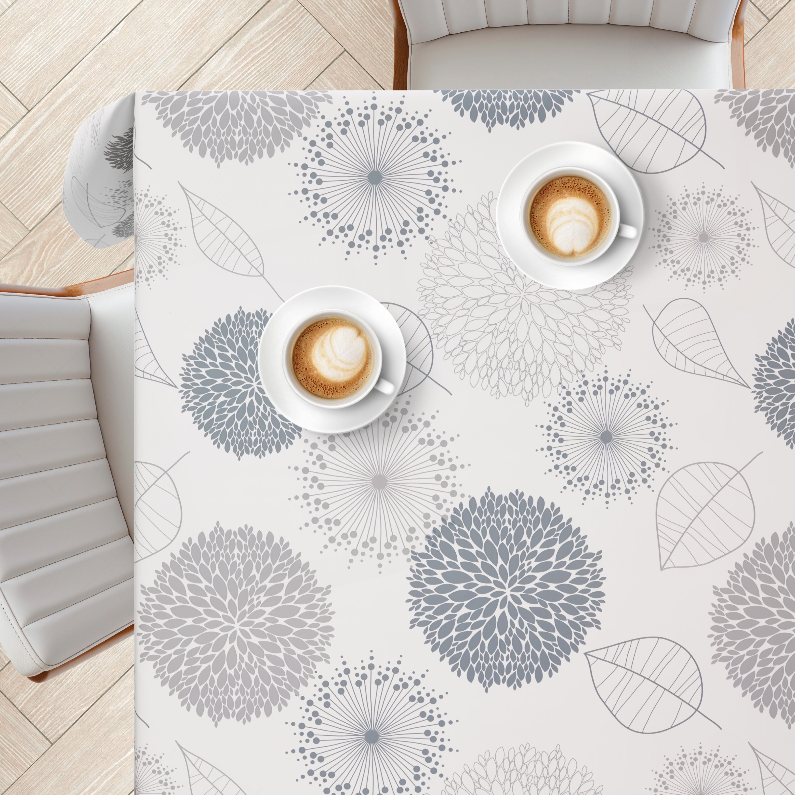 KP HOME Light Grey Wipe Clean Tablecloth with Modern Floral & Leaf Pattern, Waterproof Soft Touch Vinyl Oil Cloth for Kitchen or Outdoor