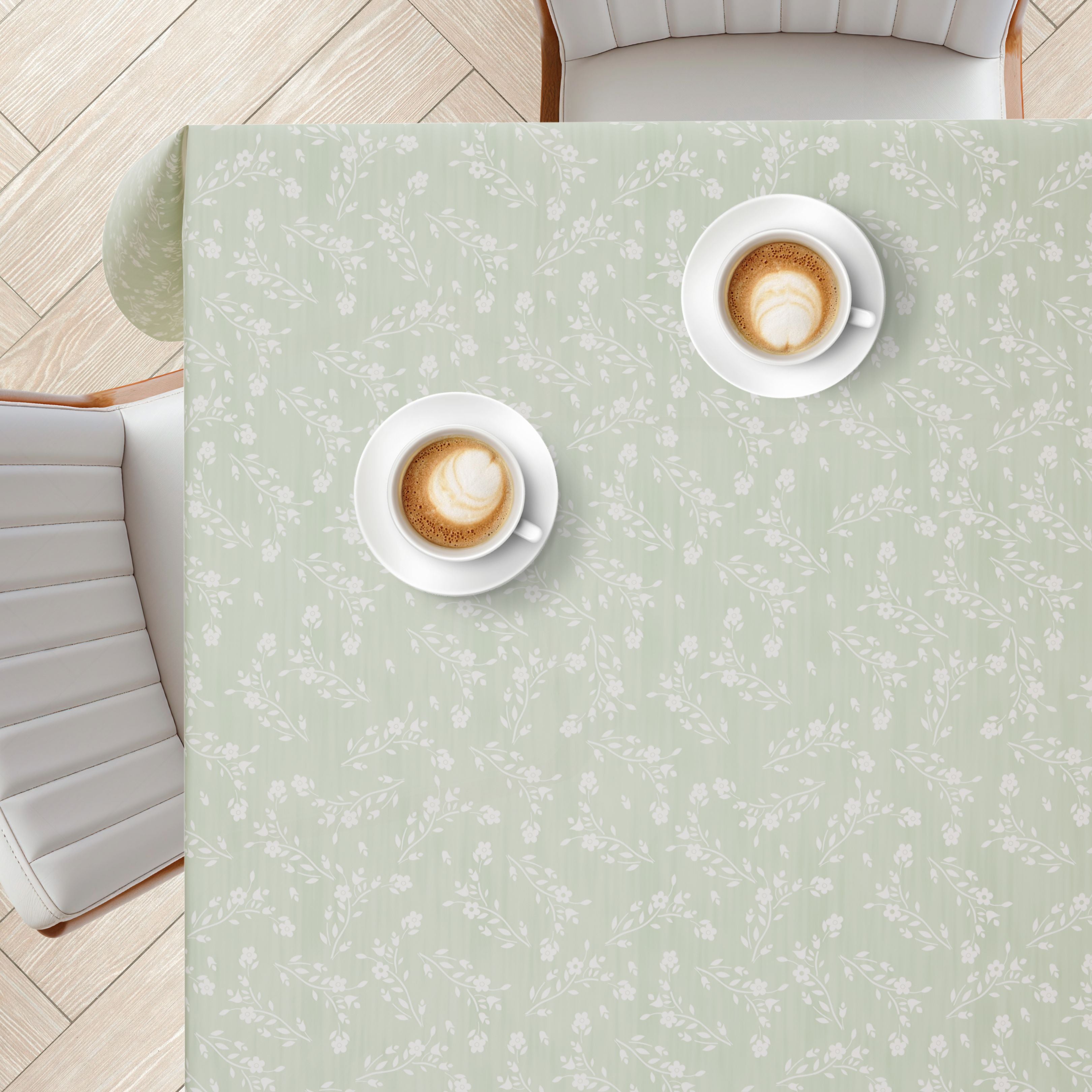 KP HOME Sage Green Plastic Table Cove with Classic Vintage White Flowers – Waterproof Wipe Clean Tablecloth, Premium Soft Feel Finish