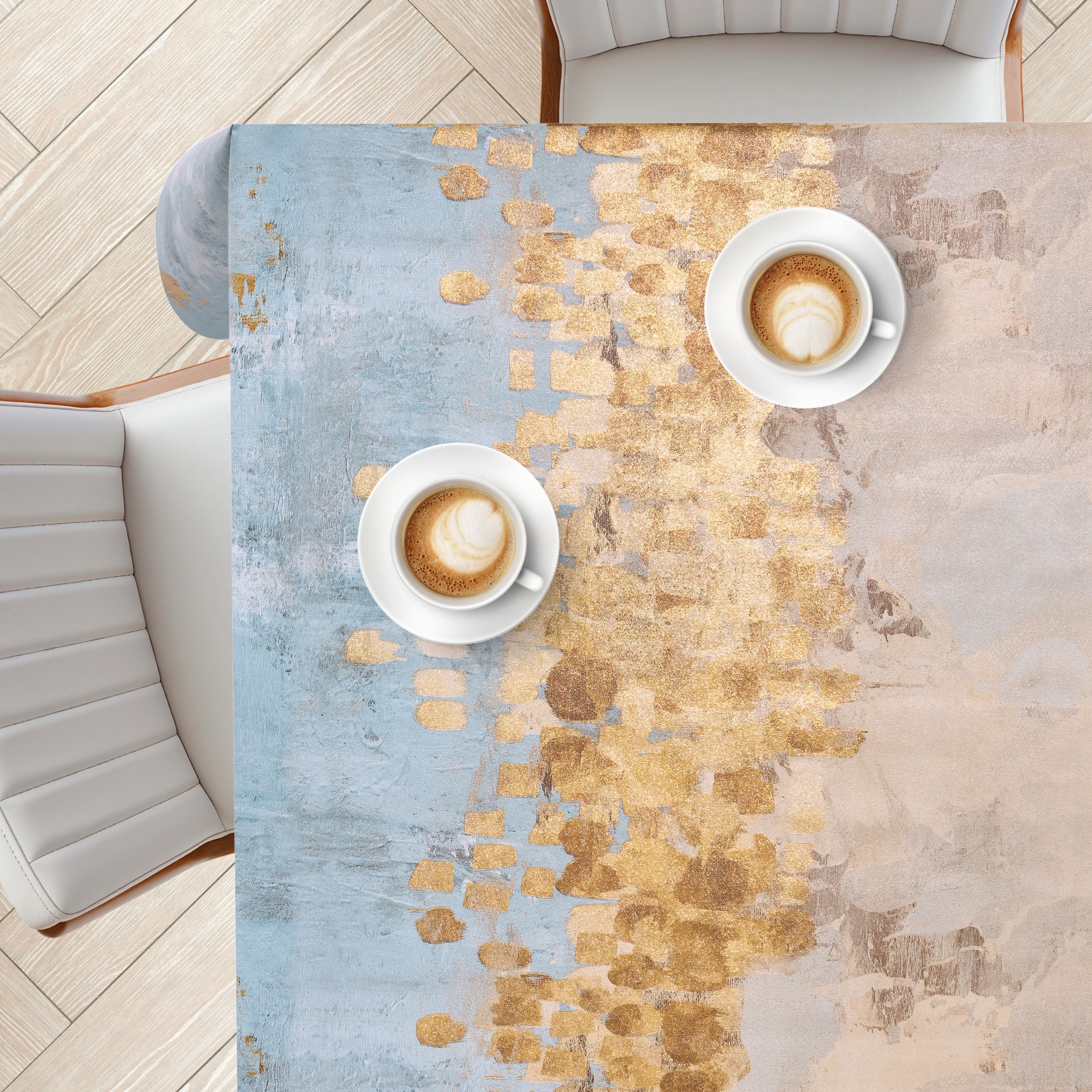 KP Home Horizon Glow Charm with Gold Shimmer PVC Tablecloth – 200x137cm & 137x137cm Wipe Clean Waterproof Oilcloth for Indoor & Outdoor Use