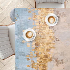 KP Home Horizon Glow Charm with Gold Shimmer PVC Tablecloth – 200x137cm & 137x137cm Wipe Clean Waterproof Oilcloth for Indoor & Outdoor Use