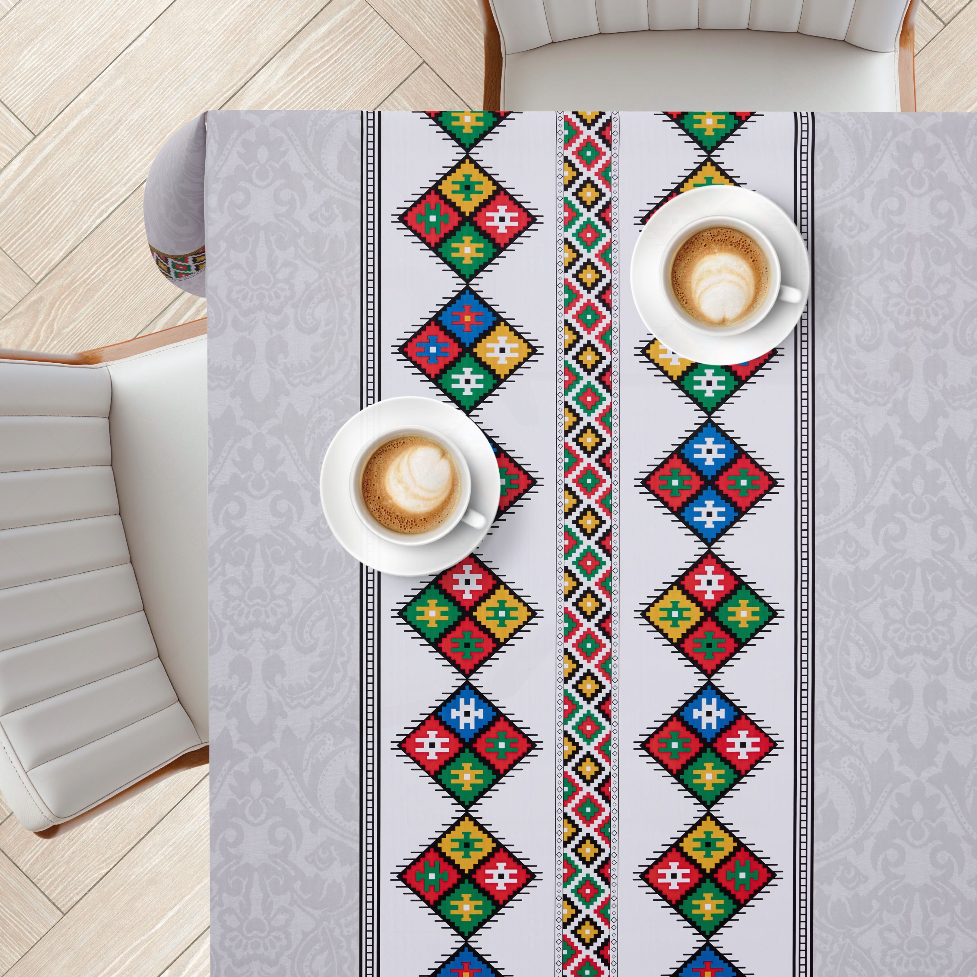 KP Home Grey Folk Art Elegance Pattern  PVC Tablecloth – 200x137cm & 137x137cm Wipe Clean Waterproof Oilcloth for Indoor & Outdoor Use