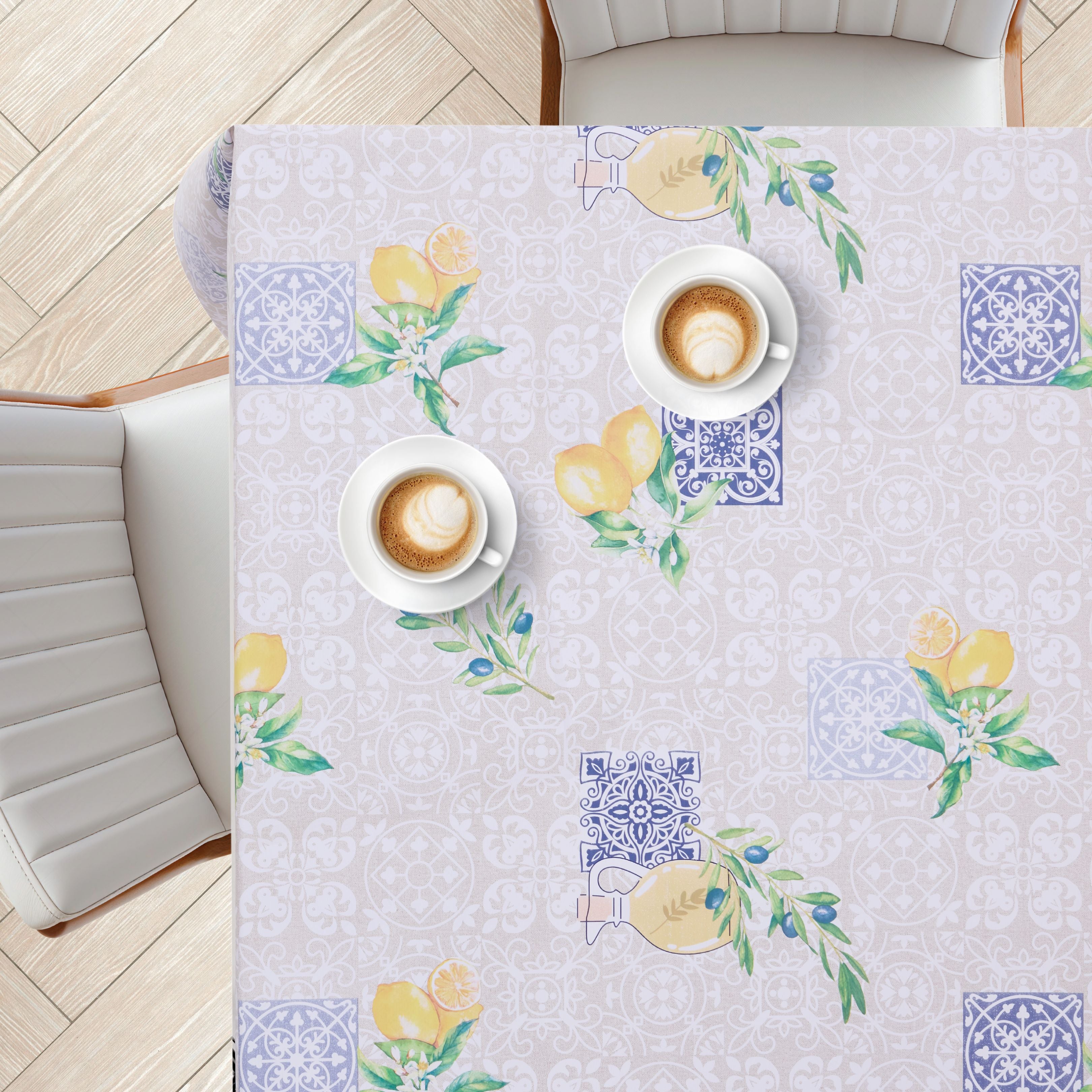 KP Home Beige Lemon Orchard Bliss Pattern  PVC Tablecloth – 200x137cm & 137x137cm Wipe Clean Waterproof Oilcloth for Indoor & Outdoor Use