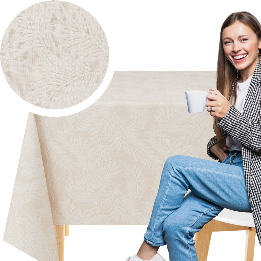 KP Home Ivory PVC Table Cloth Wipe Clean With White Fern Leaves - Wipeable Plastic Waterproof Table Cover with Soft Touch Feel in Cream Beige
