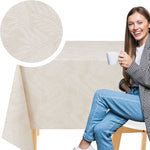 KP Home Ivory PVC Table Cloth Wipe Clean With White Fern Leaves - Wipeable Plastic Waterproof Table Cover with Soft Touch Feel in Cream Beige