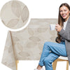 KP Home Beige Wipe Clean Tablecloth – Waterproof Plastic Table Cover with Linen Effect – Soft Touch PVC Outdoor Oilcloth with Whisper Leaves Design