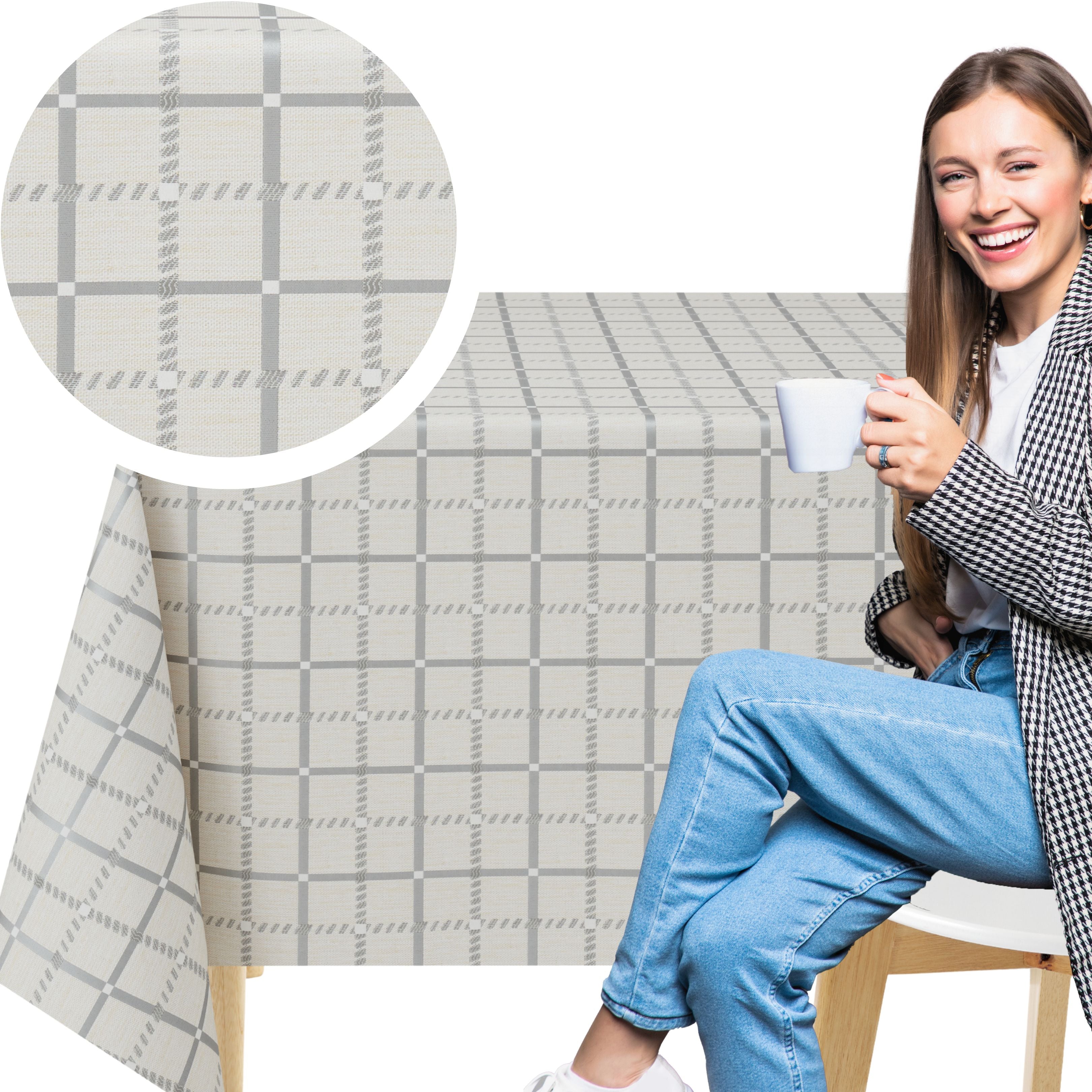 Beige PVC Tablecloth – Waterproof Wipeable Plastic Table Cover with Linen Effect – Soft Touch Oilcloth in Grey Checkered Grid Design