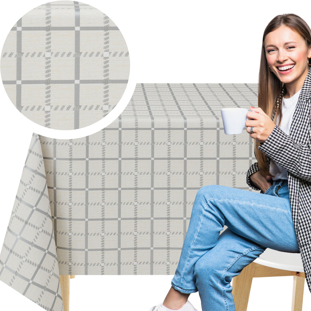 Beige PVC Tablecloth – Waterproof Wipeable Plastic Table Cover with Linen Effect – Soft Touch Oilcloth in Grey Checkered Grid Design