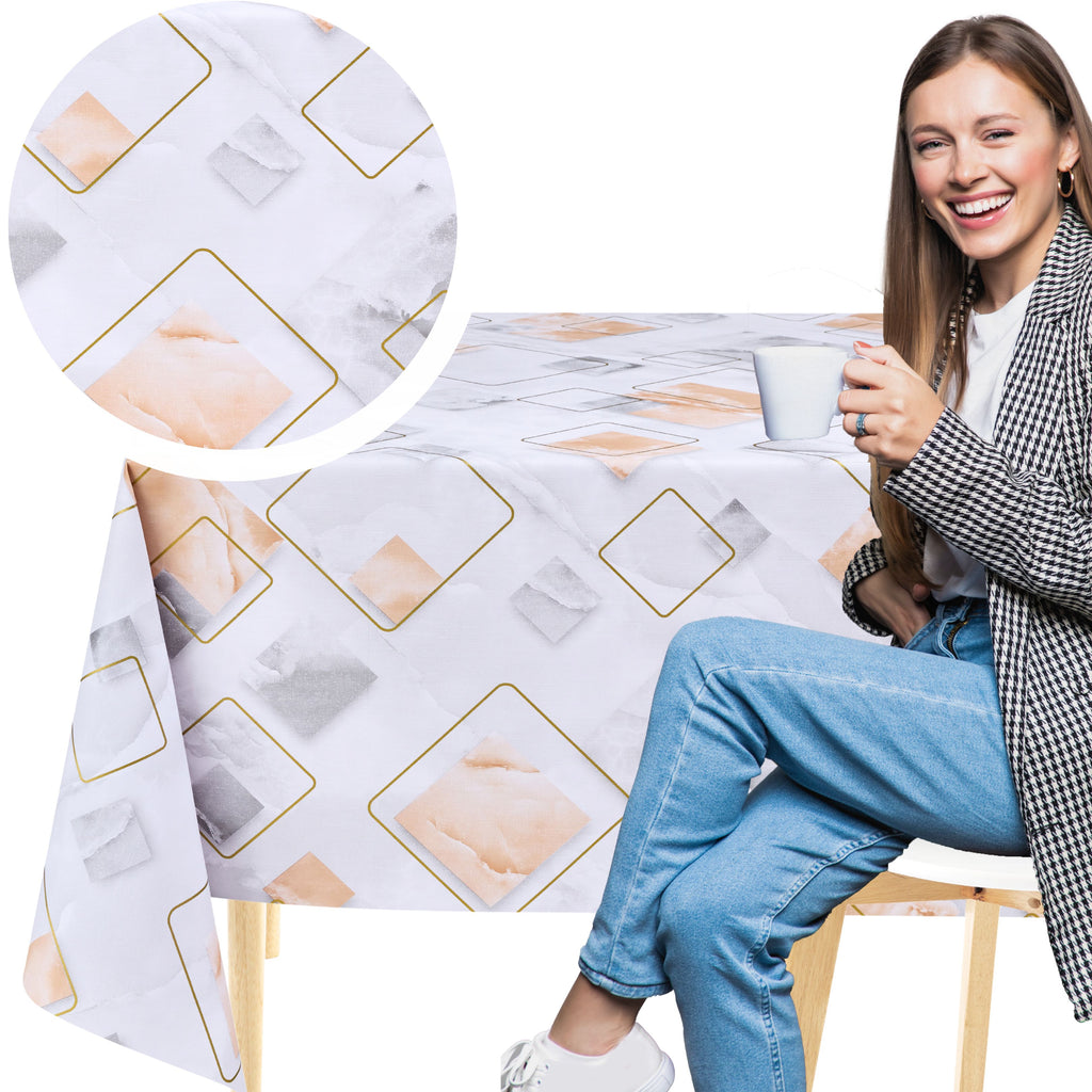KP Home Marble Geo Lux Pattern PVC Tablecloth – 200x137cm & 137x137cm Wipe Clean Waterproof Oilcloth for Indoor & Outdoor Use
