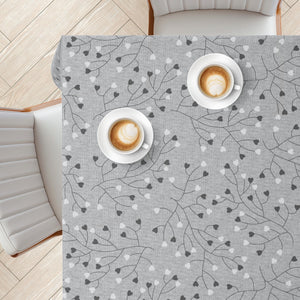 KP Home Grey PVC Table Cloth Wipe Clean – Soft Touch Wipeable Plastic Tablecloth with Linen Effect, Waterproof Table Cove - Black & White Heart Vines