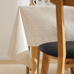 KP HOME Beige Floral Wipeable PVC Tablecloth – Rectangular Waterproof Oilcloth with White Retro Pattern – Vinyl Plastic Kitchen Table Cover