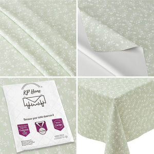 KP HOME Sage Green Plastic Table Cove with Classic Vintage White Flowers – Waterproof Wipe Clean Tablecloth, Premium Soft Feel Finish