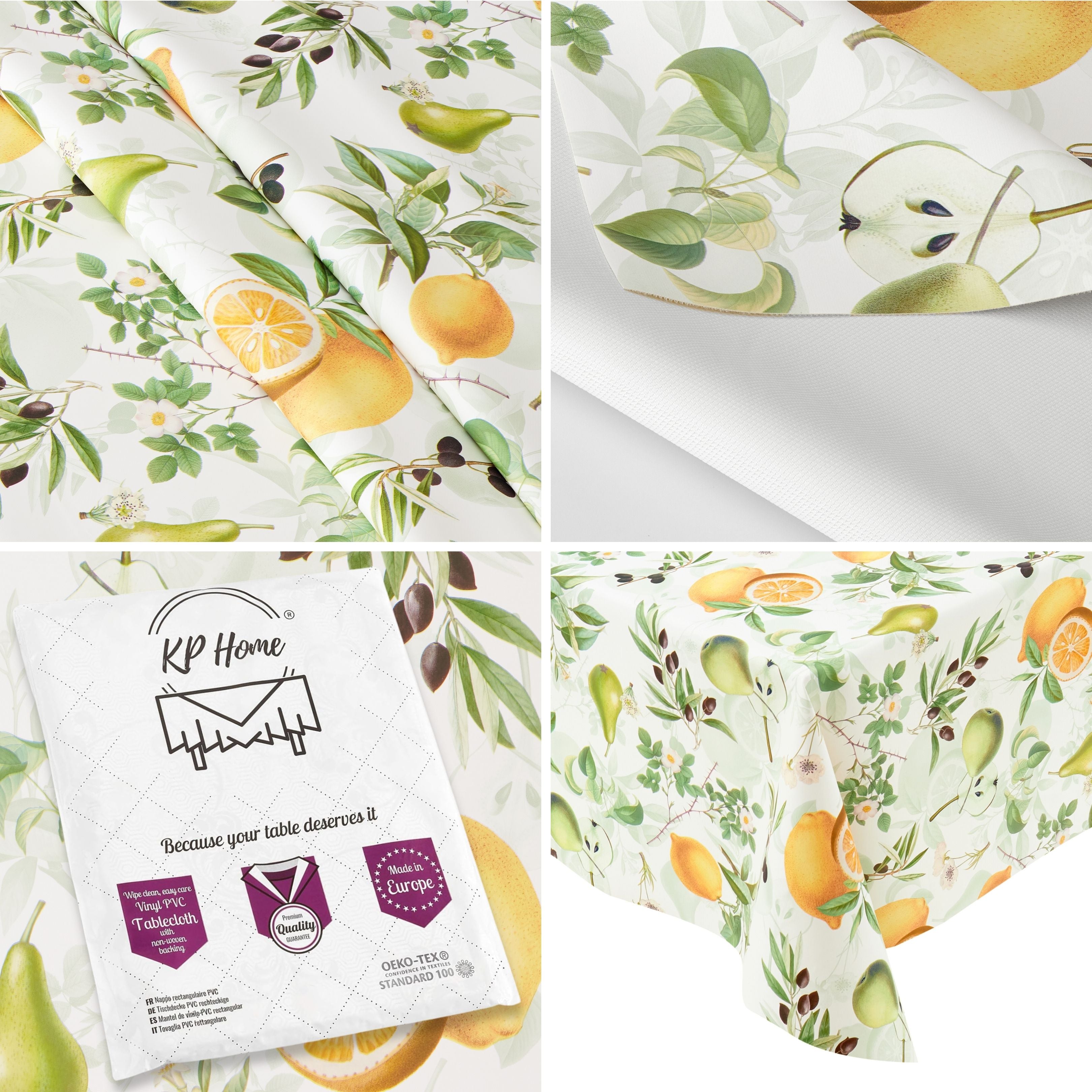 KP HOME Vintage Green PVC Table Cloth Wipe Clean Plastic Table Cover with Botanical Fruits Lemons Pears & Olives, Waterproof Soft Vinyl