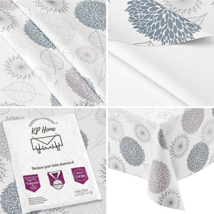 KP HOME Light Grey Wipe Clean Tablecloth with Modern Floral & Leaf Pattern, Waterproof Soft Touch Vinyl Oil Cloth for Kitchen or Outdoor