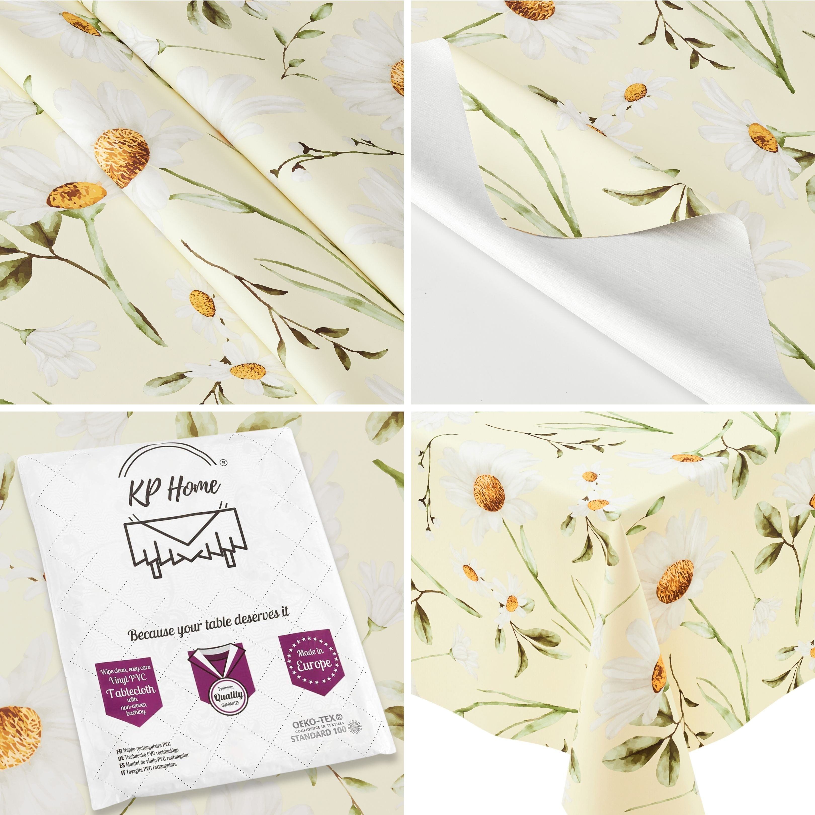 KP HOME Pastel Green PVC Wipe Clean Table Cloth with Countryside White Daisy Floral Print - Waterproof Premium Soft Touch Tablecloth