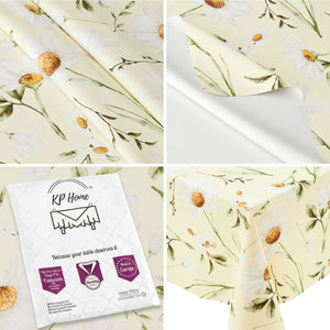 KP HOME Pastel Green PVC Wipe Clean Table Cloth with Countryside White Daisy Floral Print - Waterproof Premium Soft Touch Tablecloth