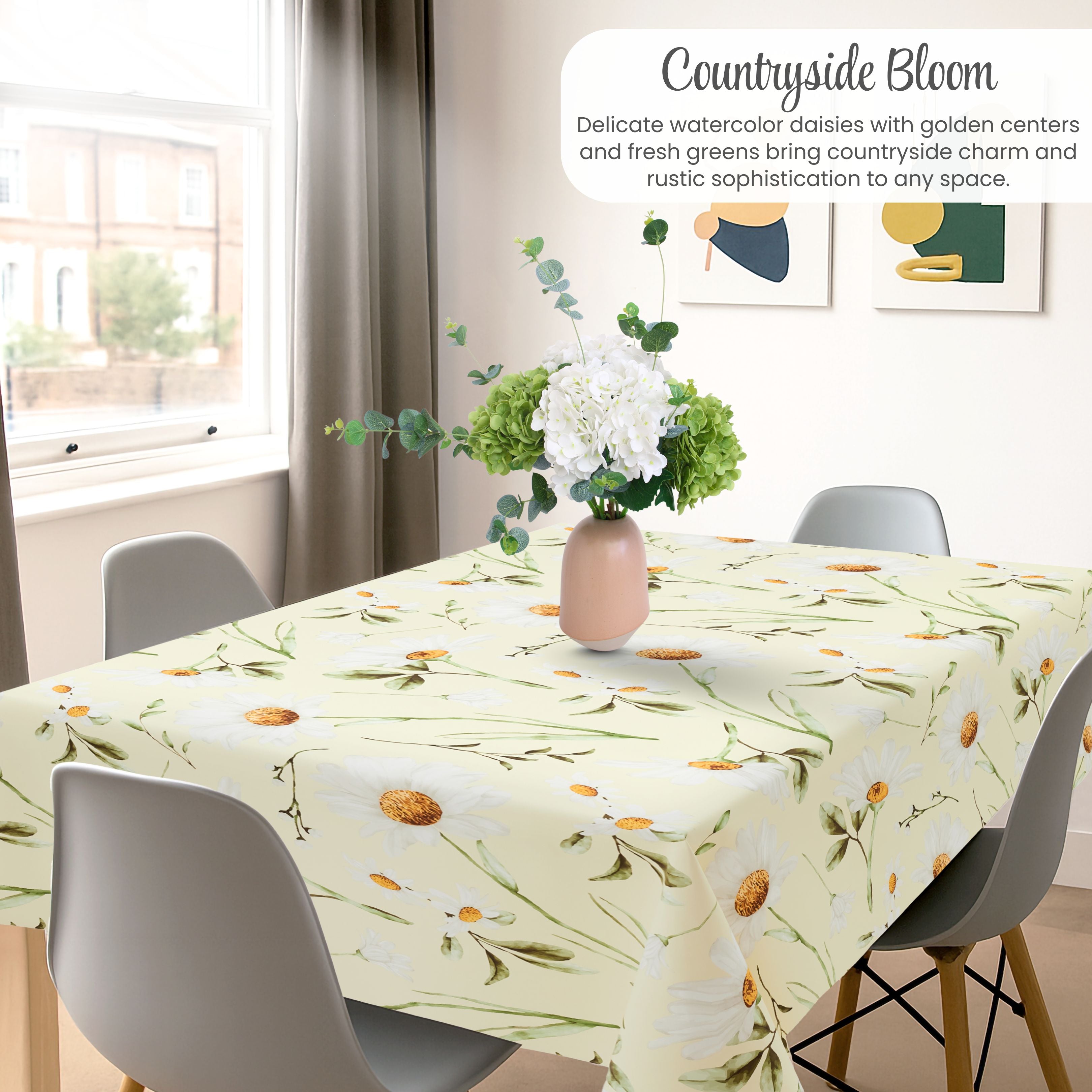 KP HOME Pastel Green PVC Wipe Clean Table Cloth with Countryside White Daisy Floral Print - Waterproof Premium Soft Touch Tablecloth