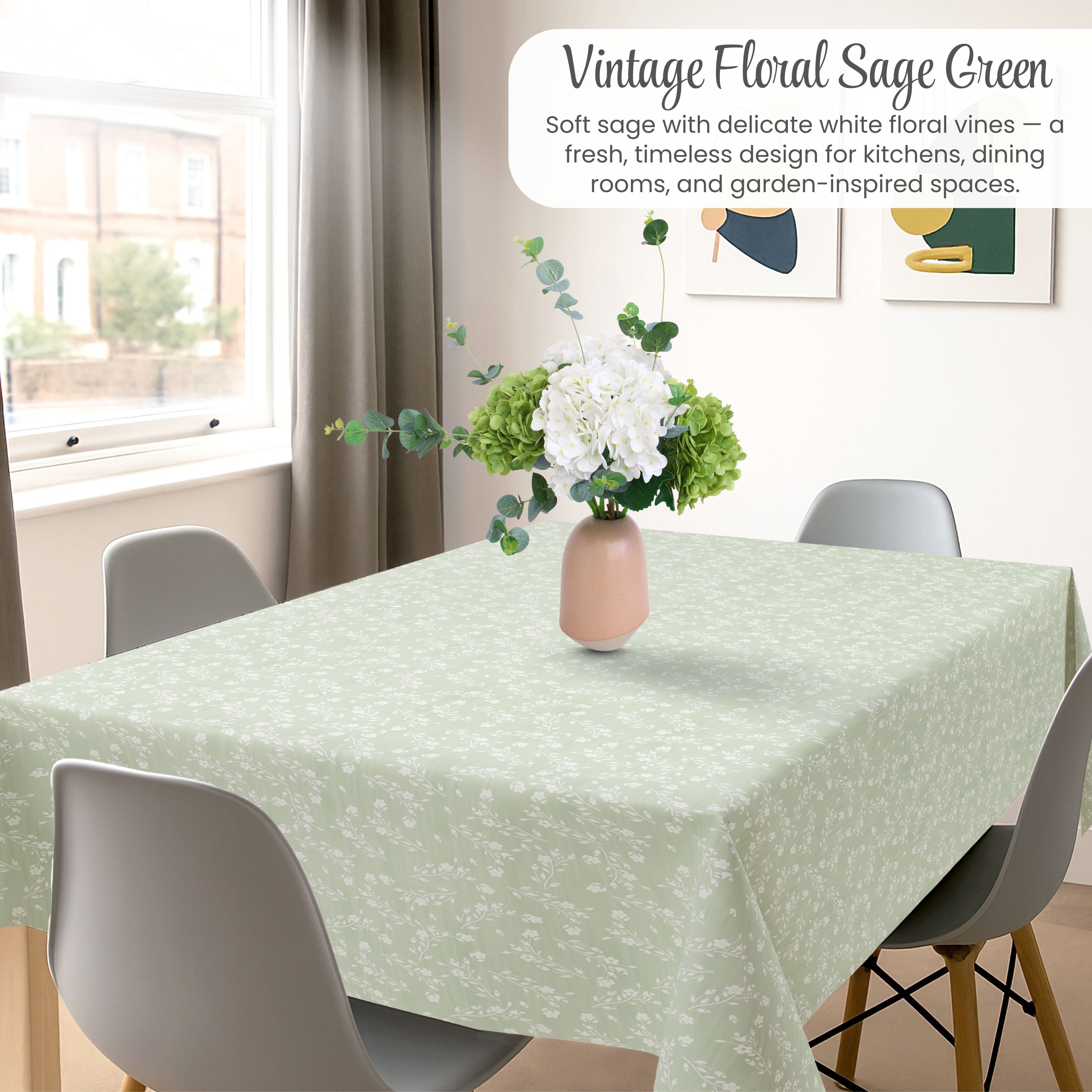 KP HOME Sage Green Plastic Table Cove with Classic Vintage White Flowers – Waterproof Wipe Clean Tablecloth, Premium Soft Feel Finish