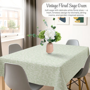 KP HOME Sage Green Plastic Table Cove with Classic Vintage White Flowers – Waterproof Wipe Clean Tablecloth, Premium Soft Feel Finish