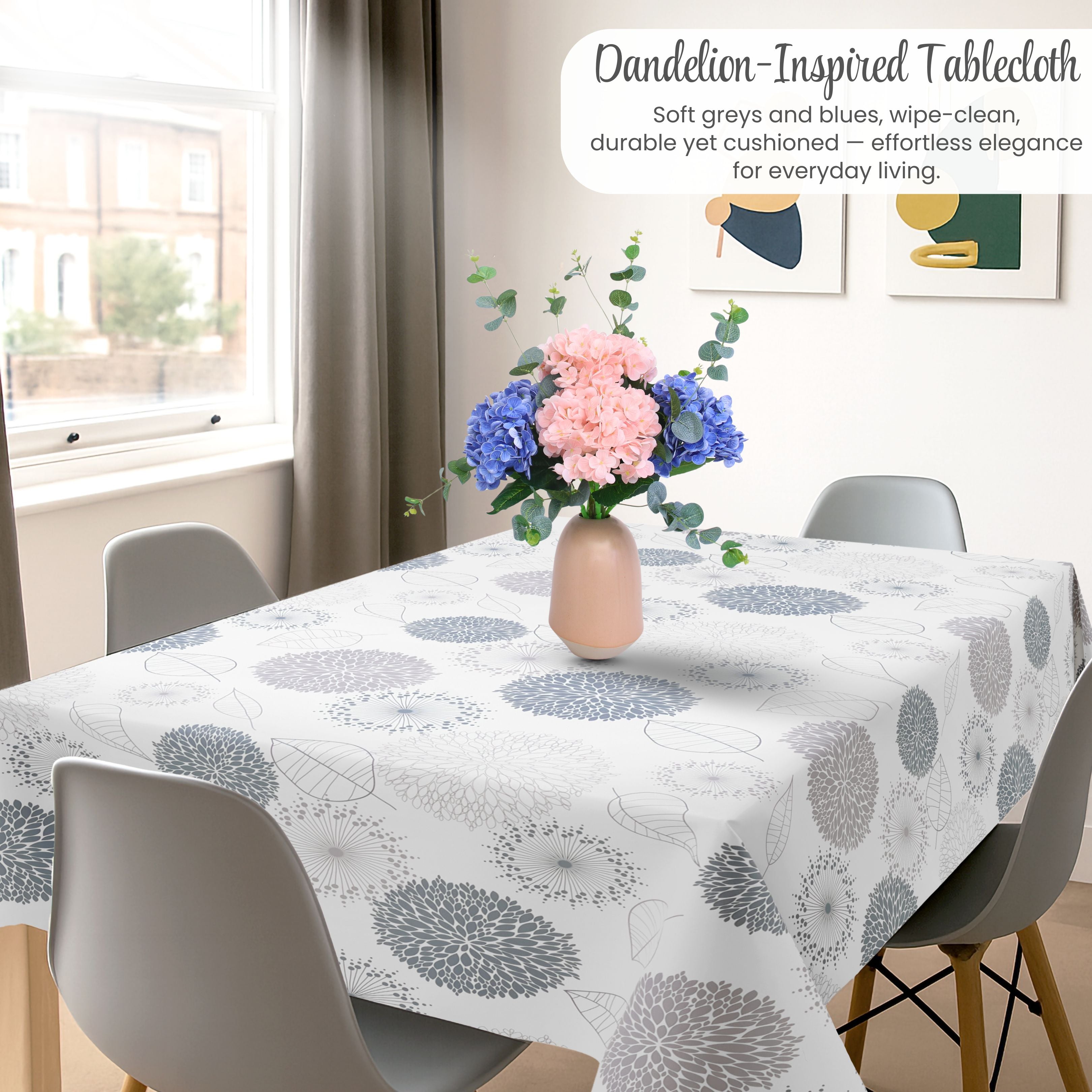 KP HOME Light Grey Wipe Clean Tablecloth with Modern Floral & Leaf Pattern, Waterproof Soft Touch Vinyl Oil Cloth for Kitchen or Outdoor