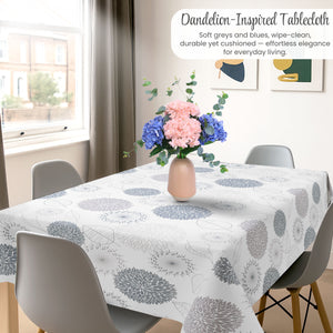 KP HOME Light Grey Wipe Clean Tablecloth with Modern Floral & Leaf Pattern, Waterproof Soft Touch Vinyl Oil Cloth for Kitchen or Outdoor