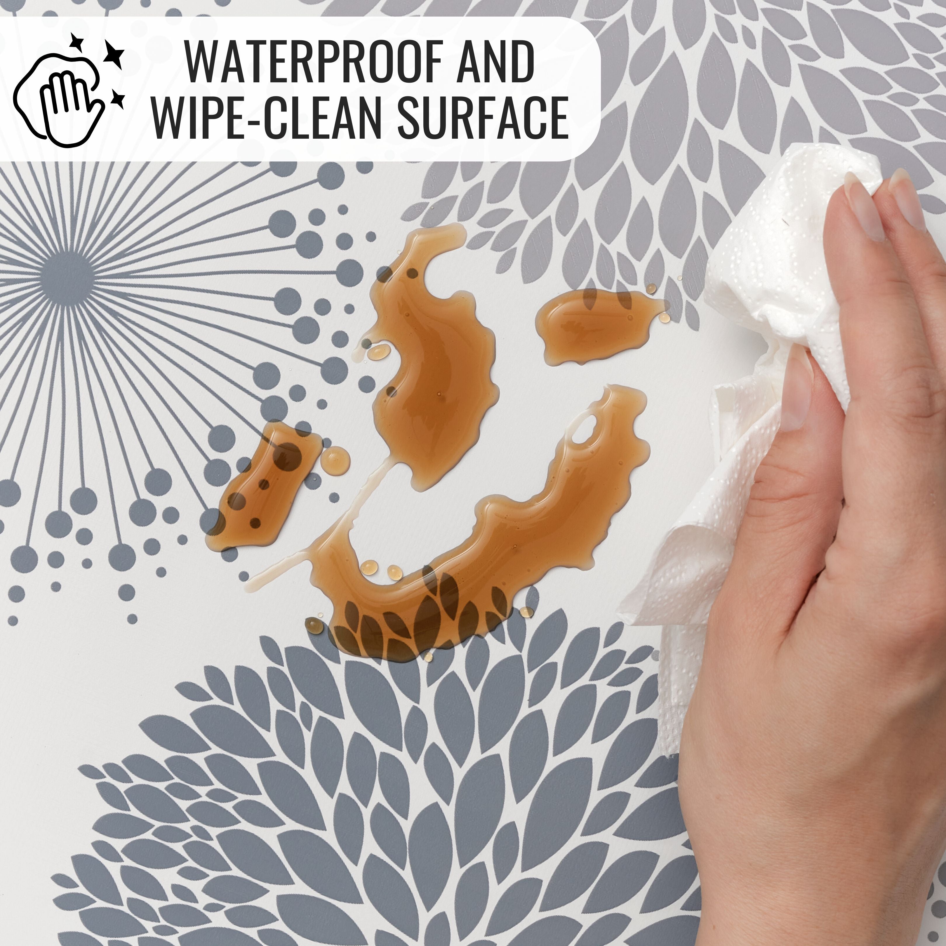 KP HOME Light Grey Wipe Clean Tablecloth with Modern Floral & Leaf Pattern, Waterproof Soft Touch Vinyl Oil Cloth for Kitchen or Outdoor