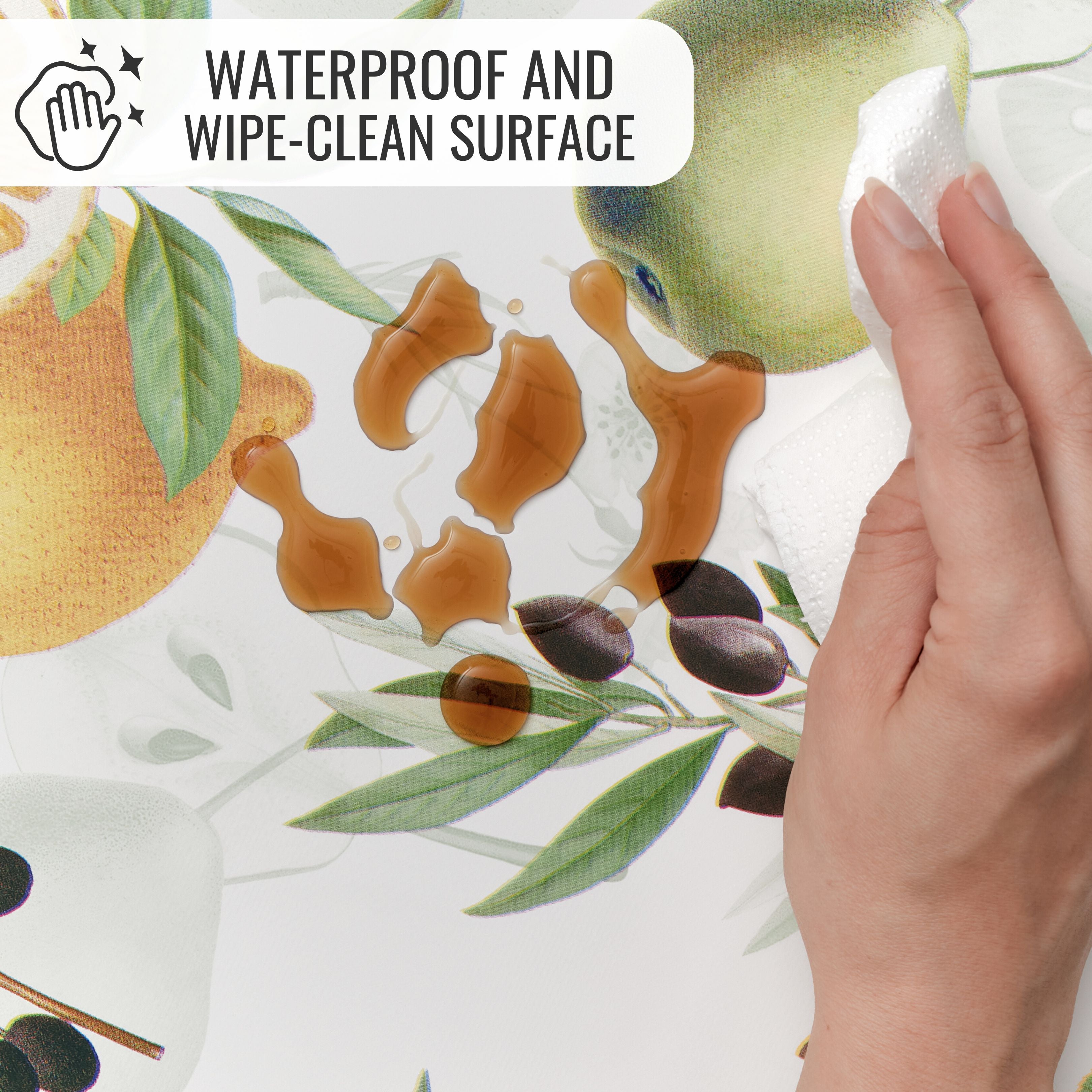 KP HOME Vintage Green PVC Table Cloth Wipe Clean Plastic Table Cover with Botanical Fruits Lemons Pears & Olives, Waterproof Soft Vinyl
