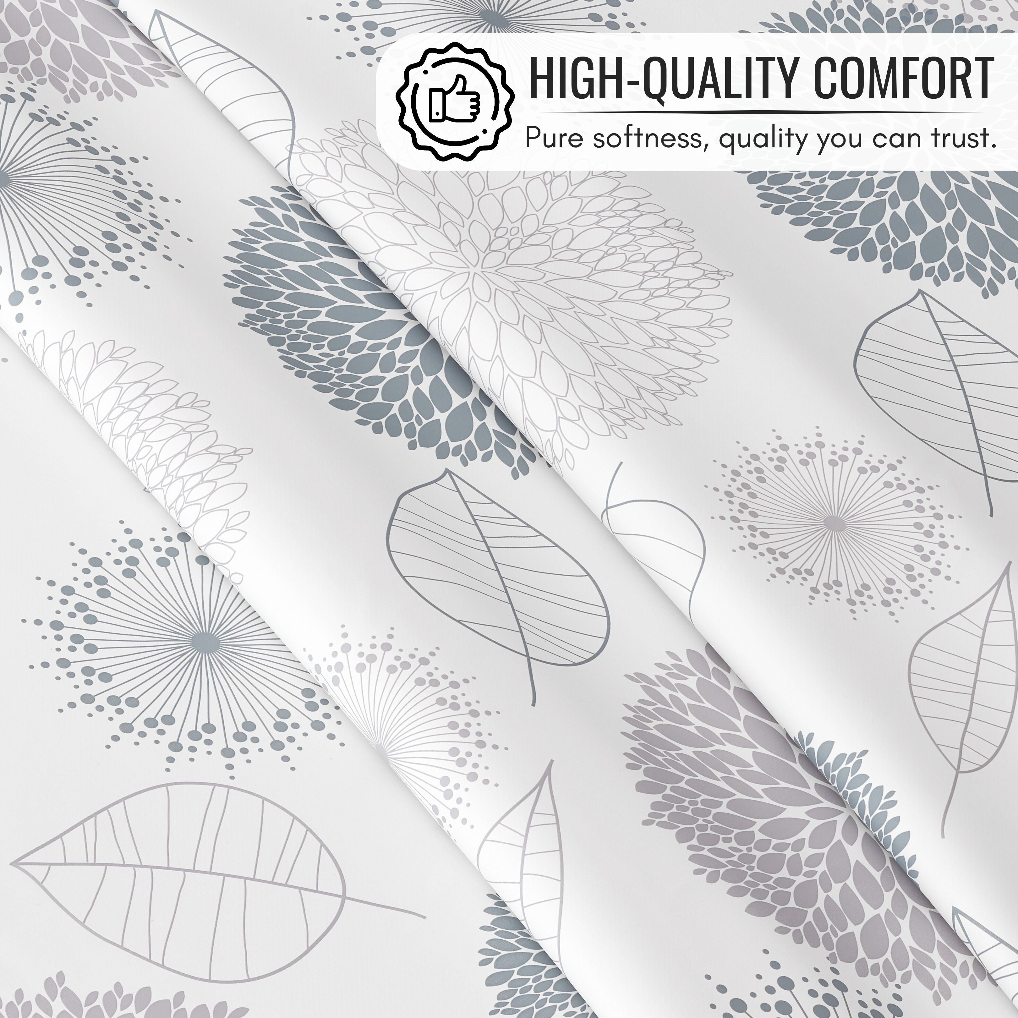 KP HOME Light Grey Wipe Clean Tablecloth with Modern Floral & Leaf Pattern, Waterproof Soft Touch Vinyl Oil Cloth for Kitchen or Outdoor