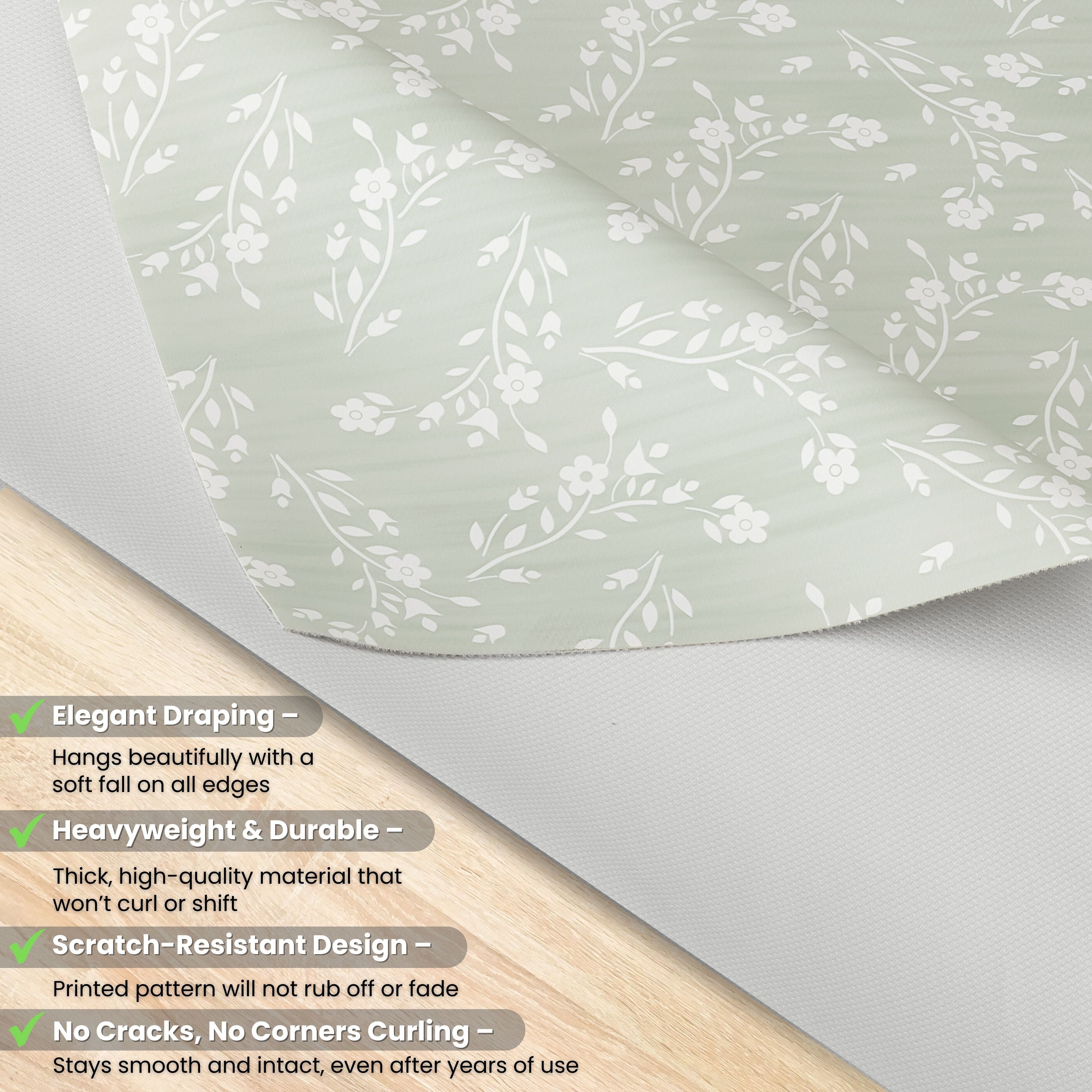 KP HOME Sage Green Plastic Table Cove with Classic Vintage White Flowers – Waterproof Wipe Clean Tablecloth, Premium Soft Feel Finish