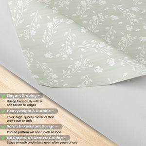 KP HOME Sage Green Plastic Table Cove with Classic Vintage White Flowers – Waterproof Wipe Clean Tablecloth, Premium Soft Feel Finish