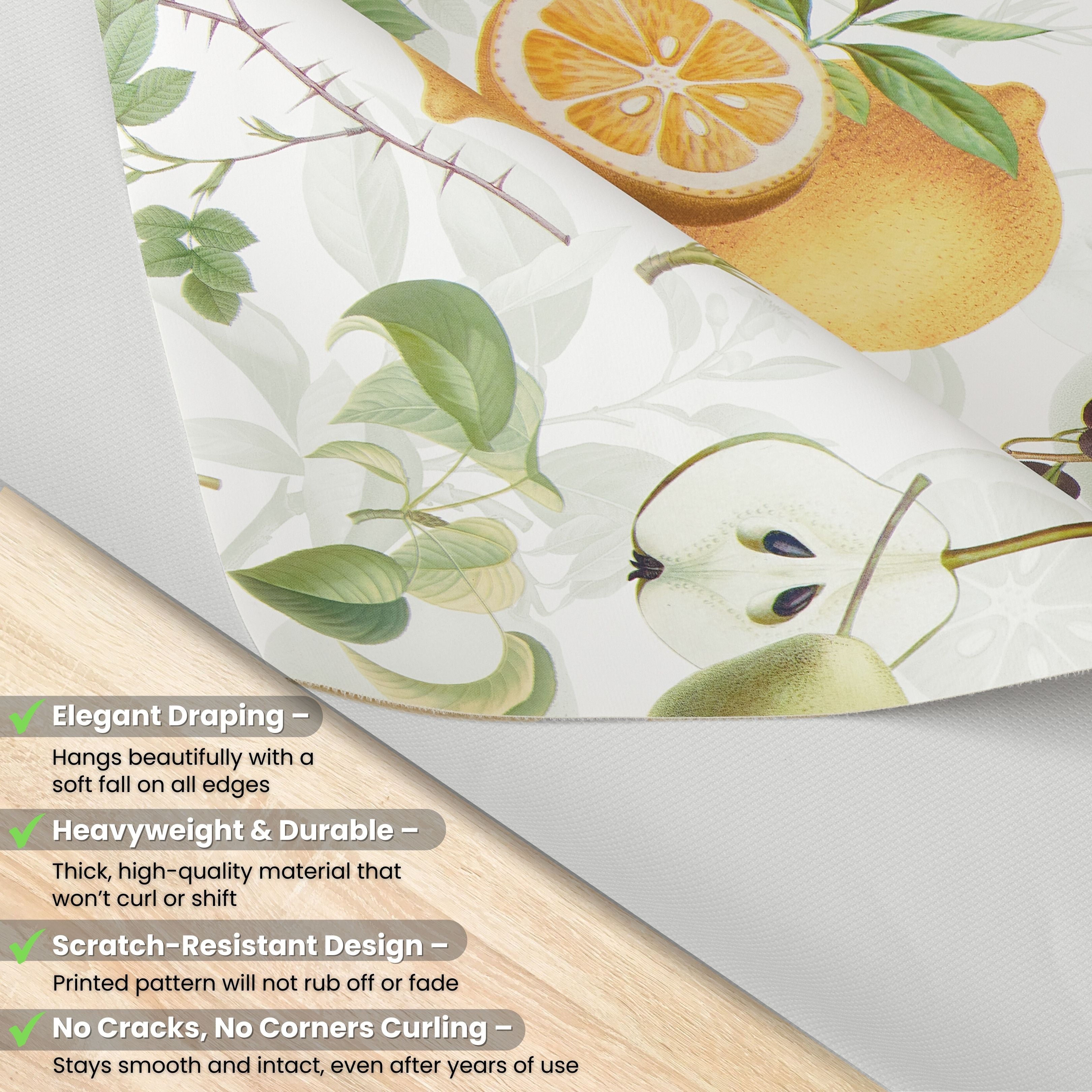 KP HOME Vintage Green PVC Table Cloth Wipe Clean Plastic Table Cover with Botanical Fruits Lemons Pears & Olives, Waterproof Soft Vinyl