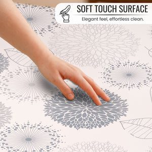 KP HOME Light Grey Wipe Clean Tablecloth with Modern Floral & Leaf Pattern, Waterproof Soft Touch Vinyl Oil Cloth for Kitchen or Outdoor