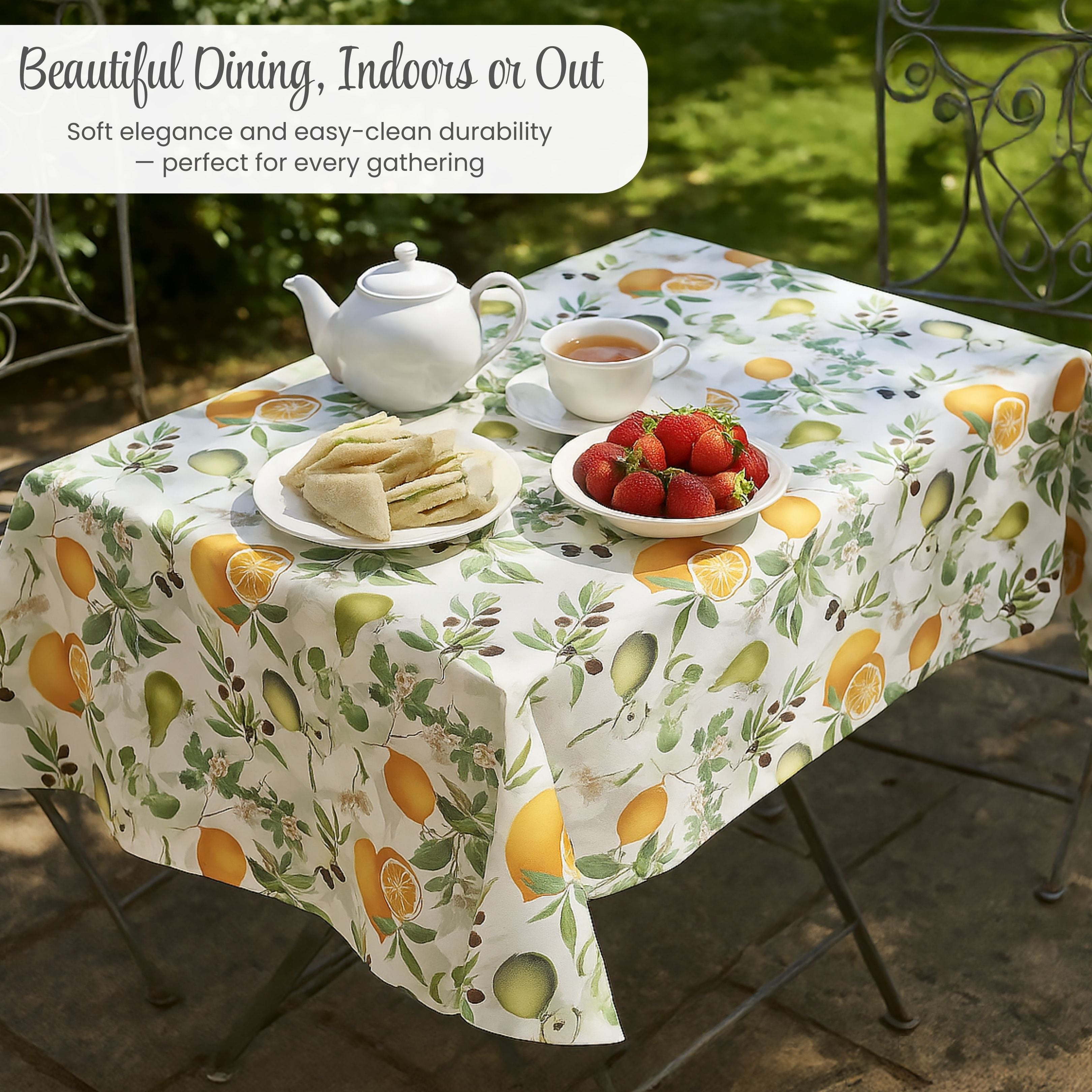 KP HOME Vintage Green PVC Table Cloth Wipe Clean Plastic Table Cover with Botanical Fruits Lemons Pears & Olives, Waterproof Soft Vinyl