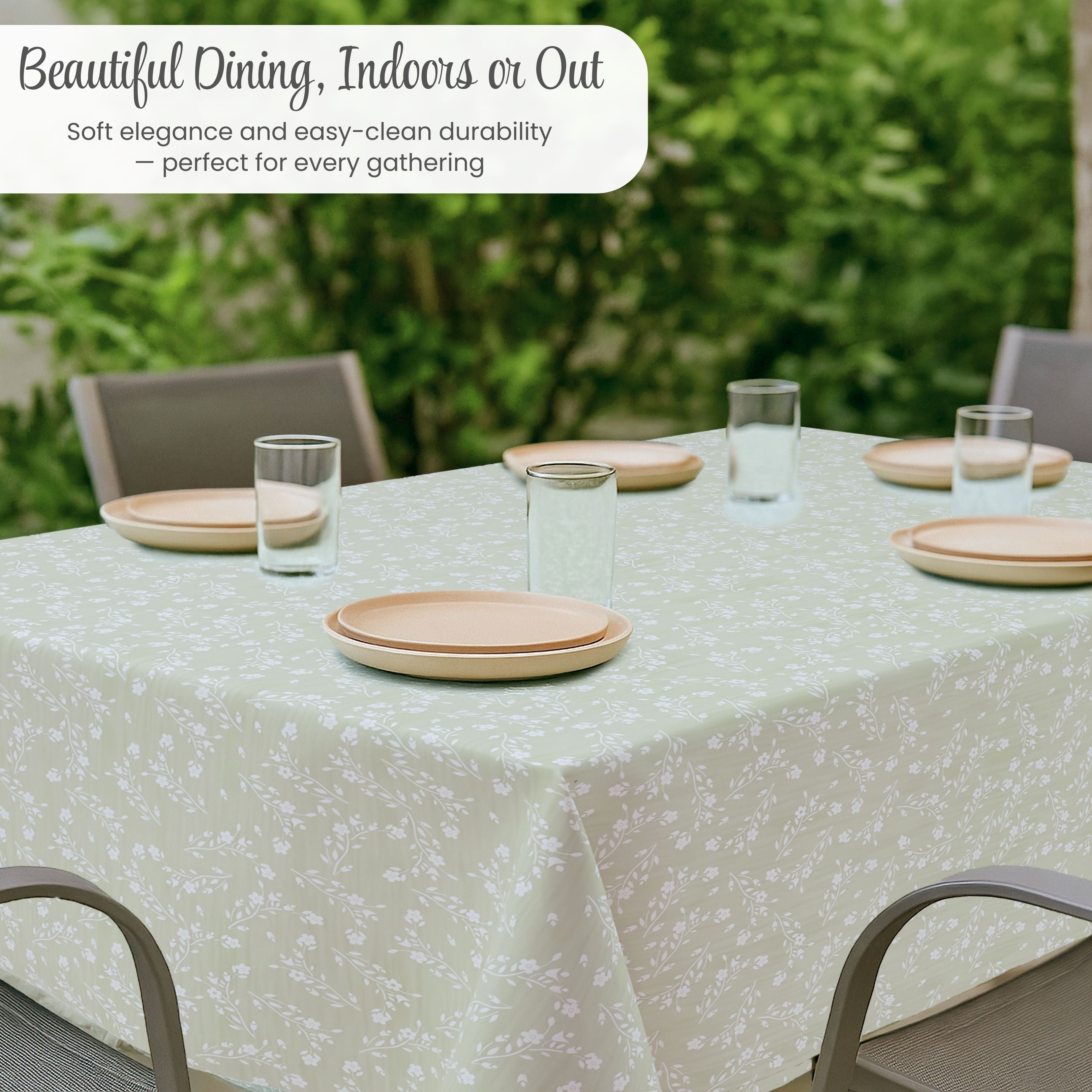 KP HOME Sage Green Plastic Table Cove with Classic Vintage White Flowers – Waterproof Wipe Clean Tablecloth, Premium Soft Feel Finish
