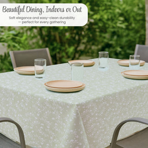 KP HOME Sage Green Plastic Table Cove with Classic Vintage White Flowers – Waterproof Wipe Clean Tablecloth, Premium Soft Feel Finish