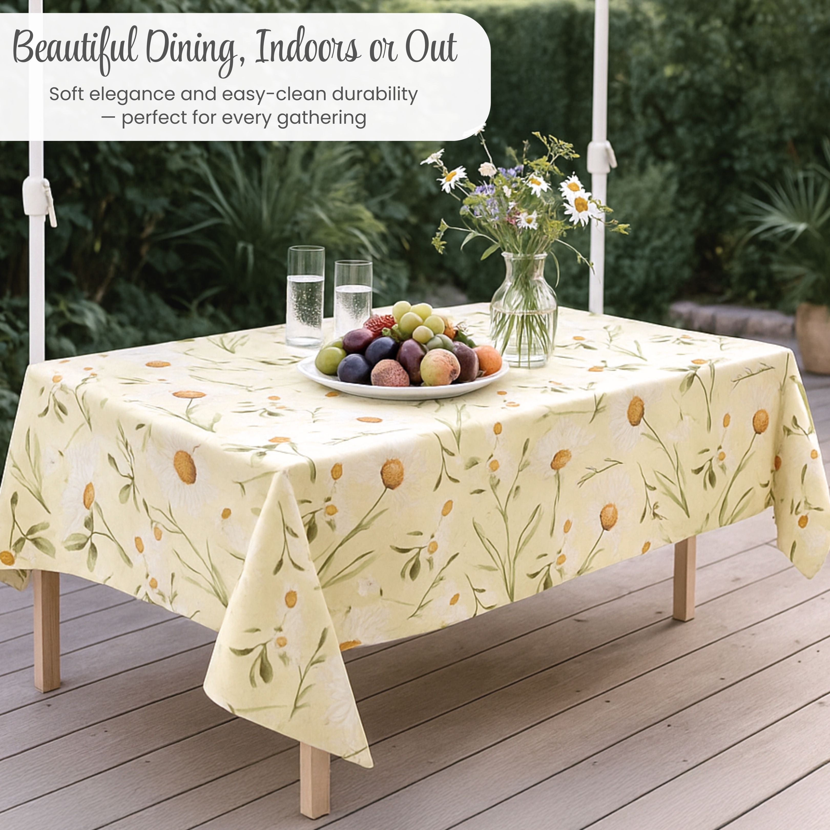 KP HOME Pastel Green PVC Wipe Clean Table Cloth with Countryside White Daisy Floral Print - Waterproof Premium Soft Touch Tablecloth