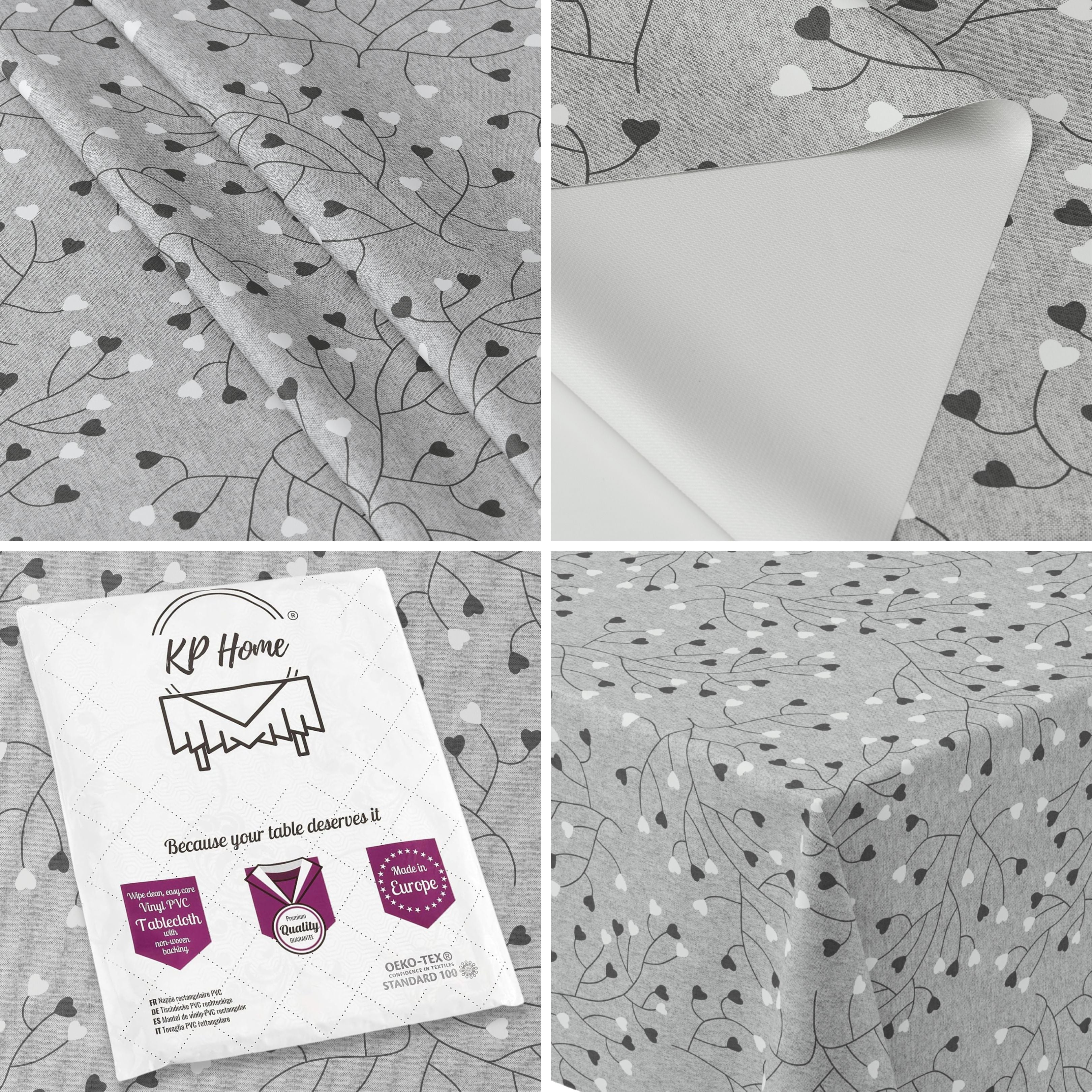 KP Home Grey PVC Table Cloth Wipe Clean – Soft Touch Wipeable Plastic Tablecloth with Linen Effect, Waterproof Table Cove - Black & White Heart Vines