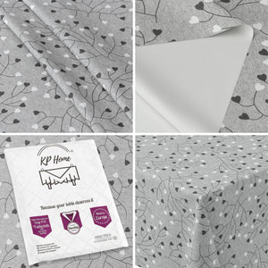 KP Home Grey PVC Table Cloth Wipe Clean – Soft Touch Wipeable Plastic Tablecloth with Linen Effect, Waterproof Table Cove - Black & White Heart Vines