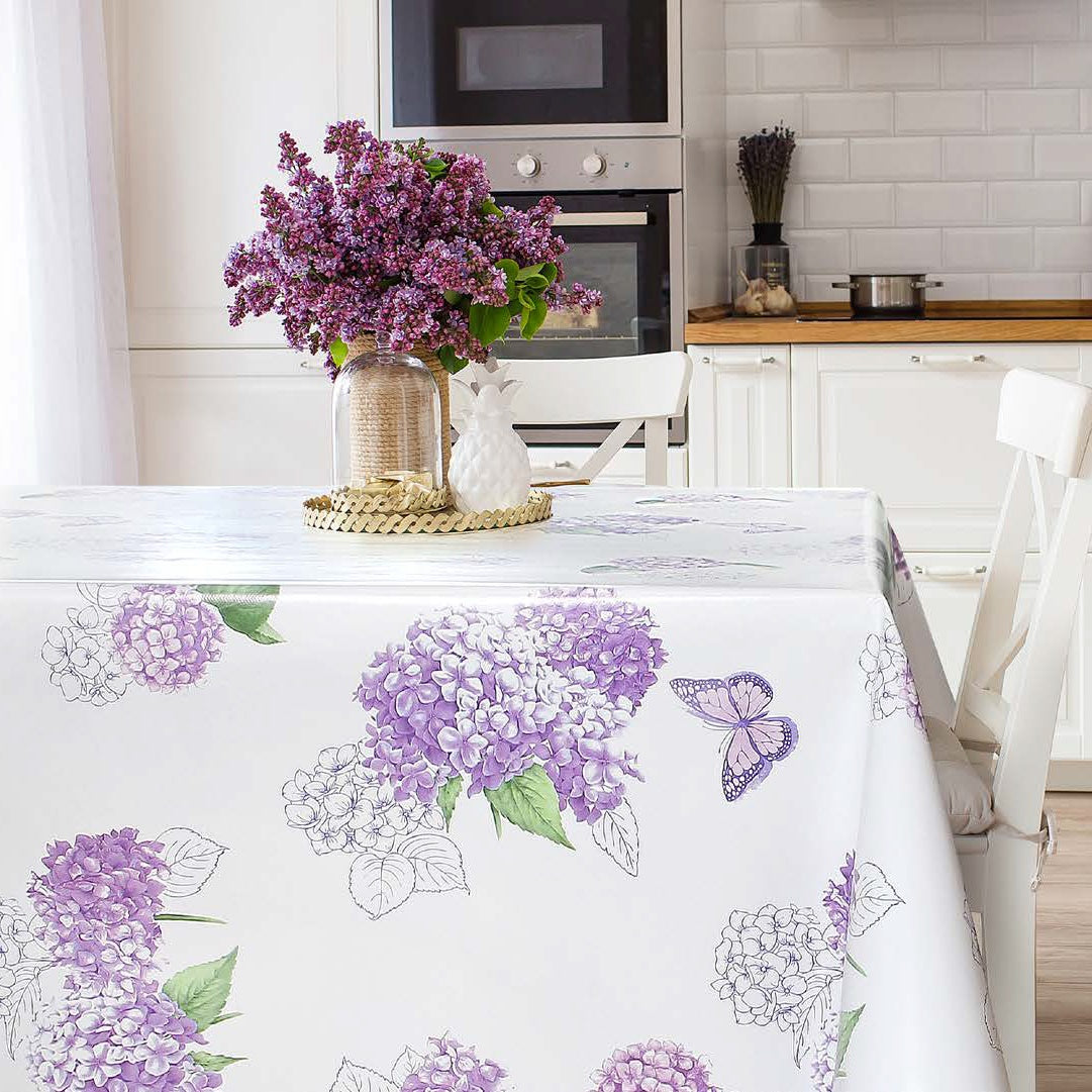 White Table Cloth Wipe Clean White Oilcloth Tablecloth Romantic Large Flowers Print Rectangle Table Cloth Wipeable Purple Hydrangea Pattern Waterproof Plastic Table Cover